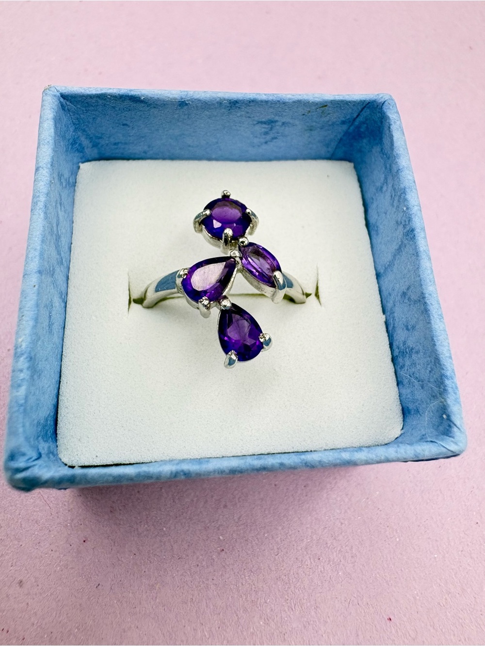 Beautiful Designer Sterling Silver Purple Amethyst Teardrop Ring